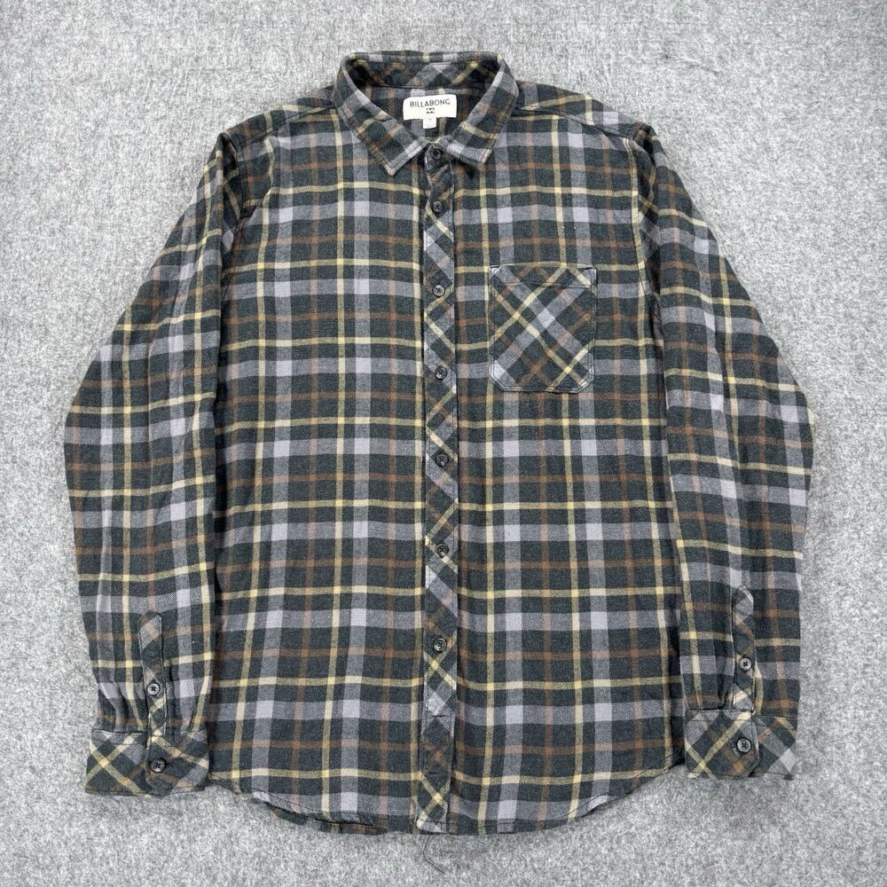 Billabong Flannel Shirt Mens Medium Gray Tan Plaid Button Up